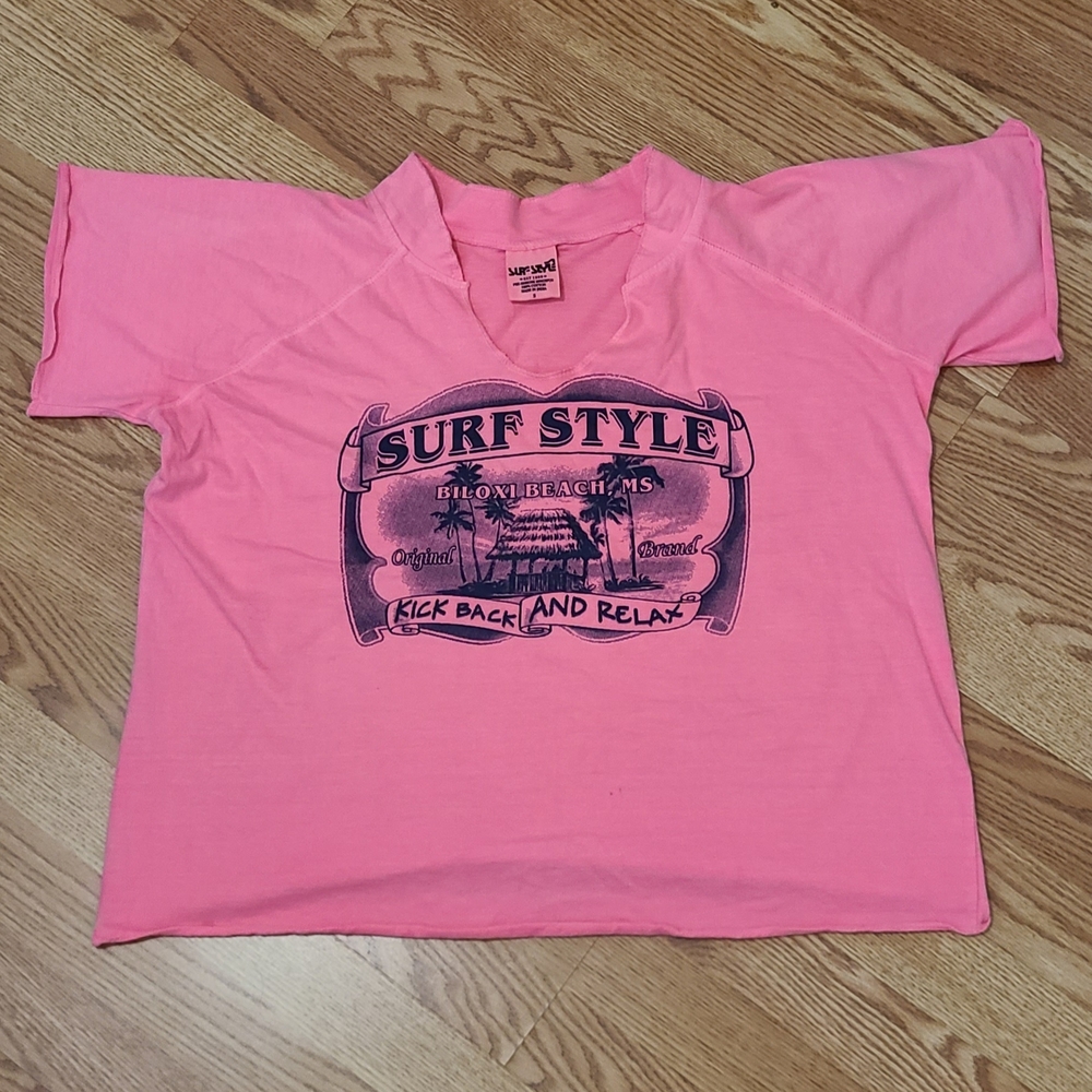 Womens Surf Style Hot Pink Cropped Oversized Graphic Beach Tee Vacation / S